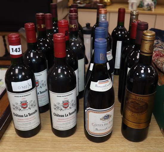 Twenty bottles of French red wine, mixed vineyards and ales